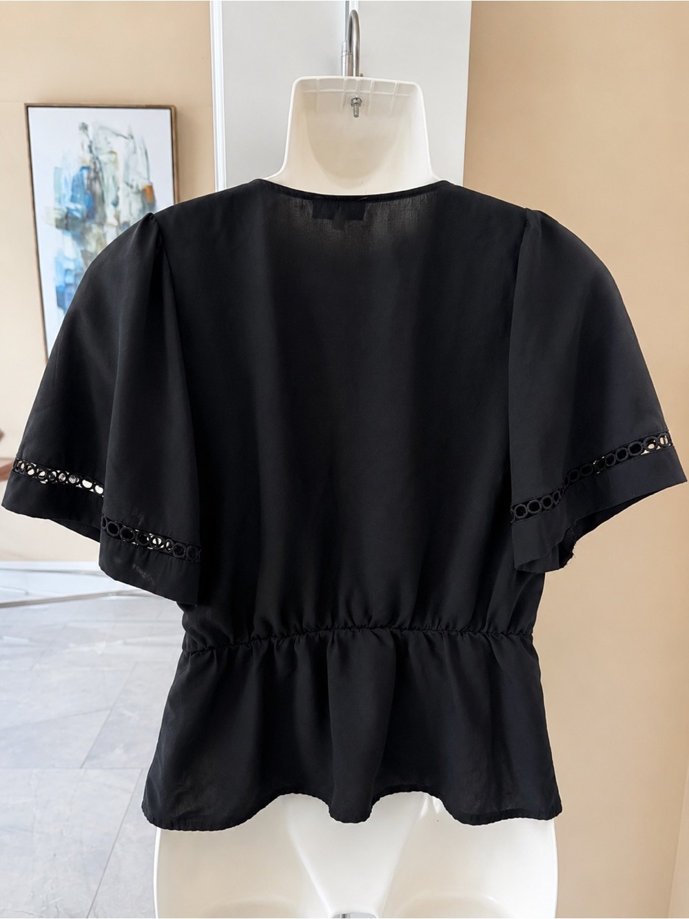 Milk & Honey Black Wrap Blouse – Size Medium – Eyelet Trim Peplum Top - Picture 3 of 5